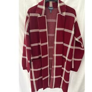 Modcloth Burgundy Cream Plaid Heavy Open Front Cardigan Sweater Large